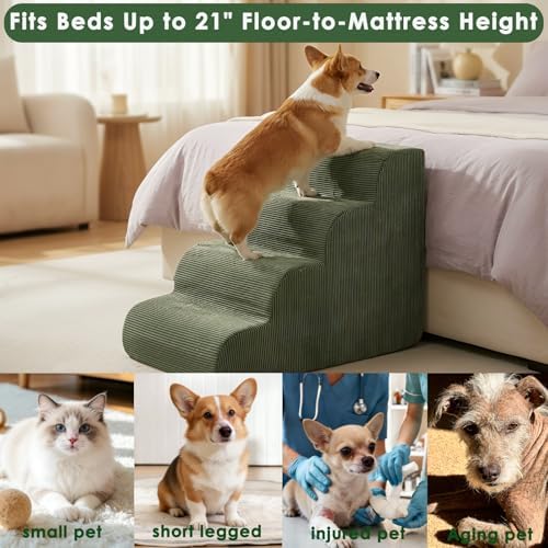 Dog Stairs for Small Dogs 18" H, 4-Step Dog Ramp for Aged and Injured Dogs, Foam Pet Stairs for Cats to Get on Bed, Couch or Chair, Non-Slip, Steady, Washable Cover, Green - Image 2