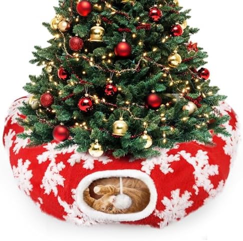 Cat Tunnel Christmas Tree Skirt, Foldable Peekaboo Donut Cave Bed by Lonepetu