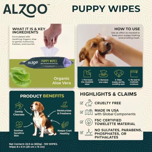 ALZOO Puppy Wipes for Sensitive Skin, Grooming Wipes with Organic Aloe Vera, Daily Cleaning for Paws, Coat, Face & Body, Sweet Milk Scent, 100 Count, Made in USA - Image 5