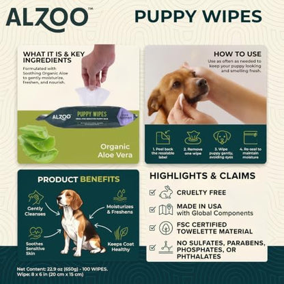 ALZOO Puppy Wipes for Sensitive Skin, Grooming Wipes with Organic Aloe Vera, Daily Cleaning for Paws, Coat, Face & Body, Sweet Milk Scent, 100 Count, Made in USA - Image 5