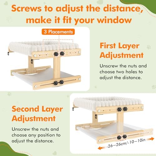 XiaZ Cat Perch for Window Cats Hammock Indoor Bed for Window Adjustable Wooden Frame Bird Watching Sunbathing Space-Saving Double Layer 18 * 16 * 10inch (Small Breeds Recommended) - Image 5