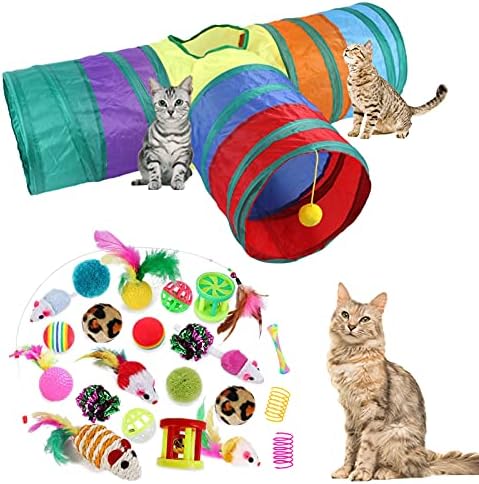 32Pcs Cat Toys Kitten Interactive Pet Toys Assortments, Foldable Rainbow Tunnel, Teaser Wand Fluffy Mouse Crinkle Balls Bell Play for Puppy Kitty (3 way) by ISMARTEN