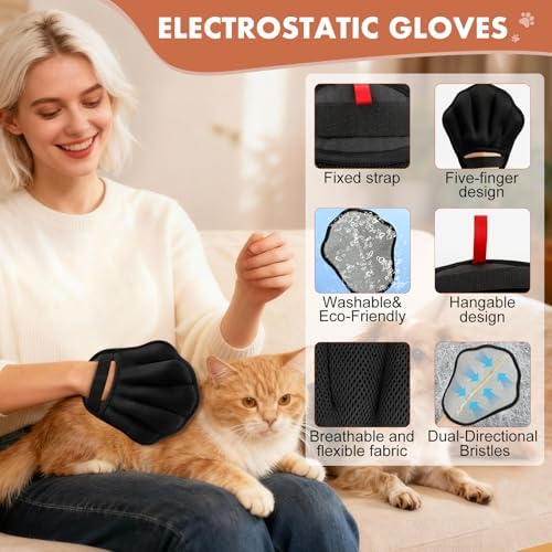 Pet Hair Removal Glove for Cat & Dog, Electrostatic Pet Hair Remover Tool for Furniture, Couch, Laundry, Carpet | Upgraded 5-Finger Washable, Quick Dog & Cat Fur Remover, Black+Black - Image 2