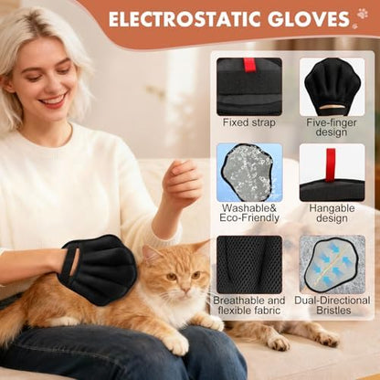Pet Hair Removal Glove for Cat & Dog, Electrostatic Pet Hair Remover Tool for Furniture, Couch, Laundry, Carpet | Upgraded 5-Finger Washable, Quick Dog & Cat Fur Remover, Black+Black - Image 2