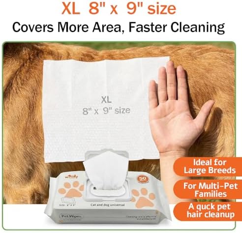 Pet Grooming Wipes, Jumbo Size 8" x 9", Lick-Safe, Alcohol-Free Deodorizing Wipes for Dogs & Cats with Sensitive Skin (Unscented, 200 Grooming Wipes) - Image 5
