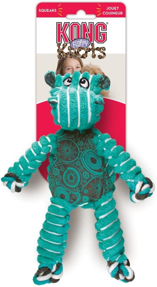 KONG Floppy Knots - Durable No‑Stuffing Squeaky Rope & Plush Dog Toy - for Teething, Playing (Hippo, Small/Medium)