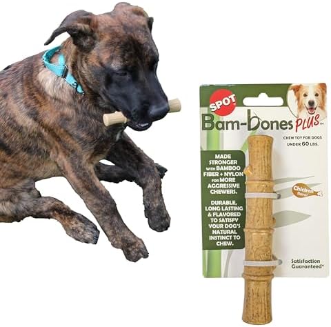 SPOT Bam-Bones Plus Bamboo Stick – Bamboo Fiber & Nylon, Durable Long Lasting Dog Chew for Aggressive Chewers – Great Toy for Adult Dogs & Puppies Under 60lbs, Non-Splintering, 5.25in, Chicken Flavor by SPOT