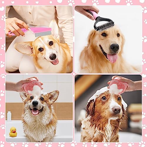 VCZONE 8 Pcs Dog Grooming Kit with Self Cleaning Tools: Nail Clipper, Flea Comb, Shampoo Brush, Shedding Brush, Dematting Comb, Silicone Toothbrush (Pink) - Image 4