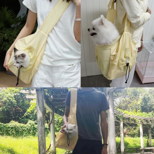 Dog Sling Carrier for Small Dogs & Cats Up to 15lbs, Hands Free Pet Carrier with Bottom Support and Large Pocket, Soft Breathable Mesh Cat Carrier Bag for Travel Hiking Walking (Yellow) - Image 7