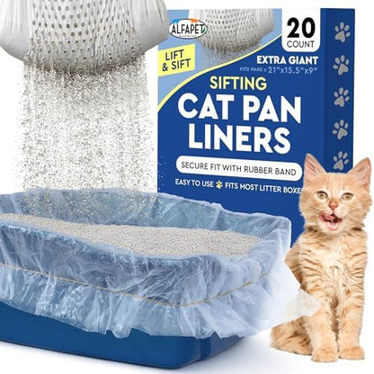 Alfapet Original Sifting Cat Litter Box Liners - Extra Giant 20 Count - Tear-Resistant Cat Litter Bags - Waterproof Kitty Litter Liners - Fits Almost All Litterbox Pan Sizes, 40" x 38", 30 lb Capacity by Alfapet
