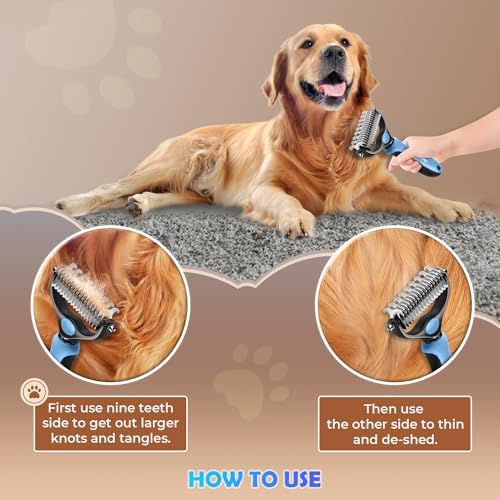 Undercoat Rake for Dogs & Cats, Dematting Comb with Extra Wide Double-Sided Stainless Steel Teeth for Detangling, Deshedding, Brushing, Thinning & Removing Shed Fur, Knots, Mats, and Tangles in Pets - Image 4