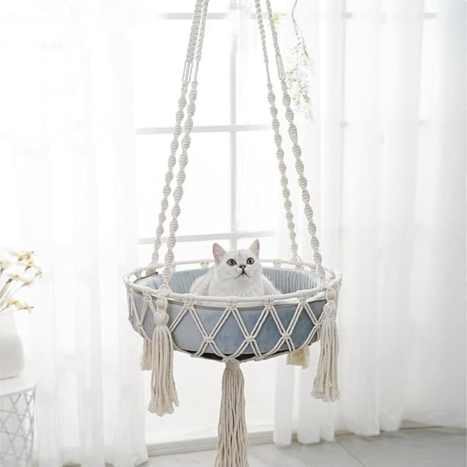 Macrame Cat Hammock Bed in Cotton White - Extra Large 40" Hanging Swing for Large Cats, Handmade Natural Rope Pet Nest, Boho Modern Wall Mounted Cat Chair, No Cushion