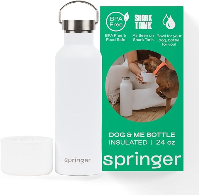 Springer Dog and Me Water Bottle, Stainless Steel Insluated Water Bottle, Keeps Water Cold for 12 Hours (White)