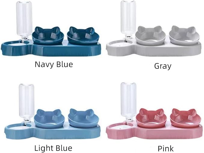 Triple Cat Bowls for Food and Water, Plastic Raised Cat Dishes, Automatic Water Bottle 3 in 1 Pet Bowls 2 Food Bowls and Water Feeder Set Wet Dry Food Bowl Set for Cats Puppy Small Dogs (Grey)