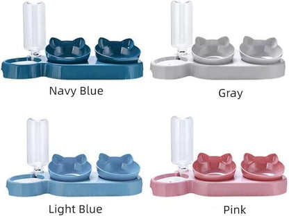 Triple Cat Bowls for Food and Water, Plastic Raised Cat Dishes, Automatic Water Bottle 3 in 1 Pet Bowls 2 Food Bowls and Water Feeder Set Wet Dry Food Bowl Set for Cats Puppy Small Dogs (Navy Blue)
