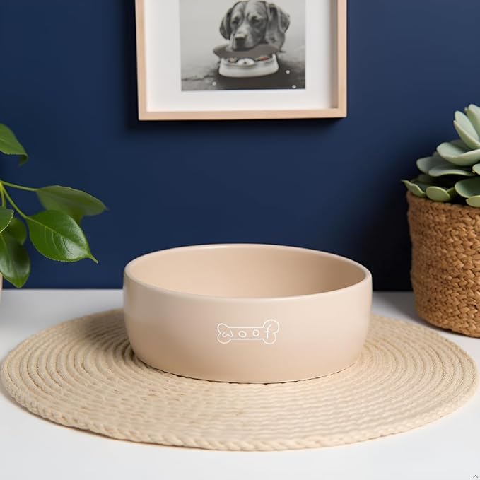 Pearhead Ceramic Dog Bowl – Neutral Taupe “Woof” Design, Holds 2.5 Cups, Non-Skid Stoneware Pet Feeding Dish, 20 oz, Medium