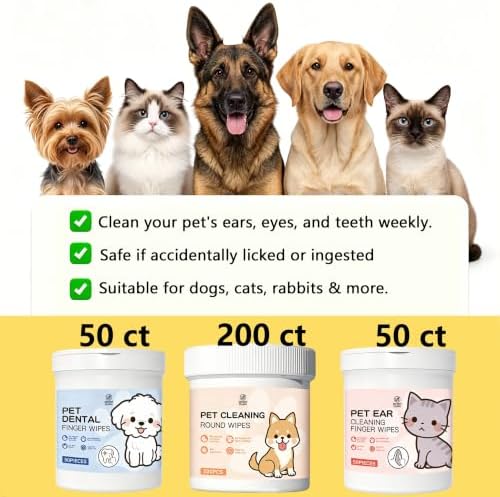 3 in 1 Pet Cleaning Wipes Kit for Dogs & Cats - 50 Ear + 200 Eye + 50 Dental Finger Wipes - Gentle Grooming Wipes for Small Pets with Coconut Oil & Chamomile - Image 6