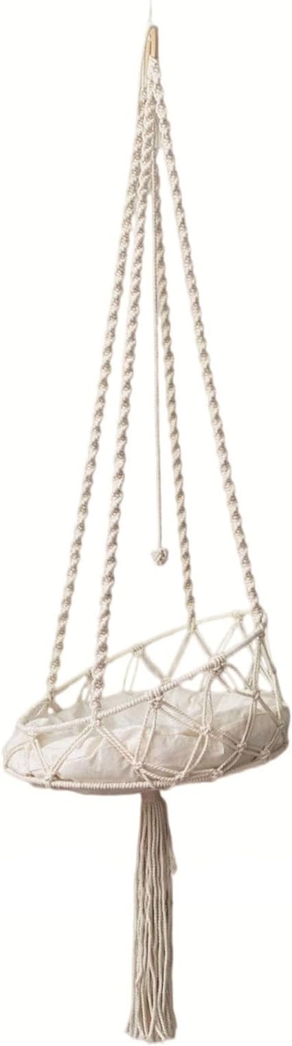 Macrame Cat Hammock with Cushion Handwoven Boho Hanging Cat Bed Pet Kitten Swing Bed for Playing Sleeping Climbing and Lounging (130 cm)