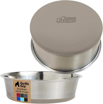 GORILLA GRIP Dog Bowls, Food Grade 304 Stainless Steel, Holds 4 Cups Each (32 fl oz) Food and Water Bowl for Feeding Dogs and Cats, Dishwasher Safe, Rust Resistant, BPA Free Rubber Base Set of 2 Beige