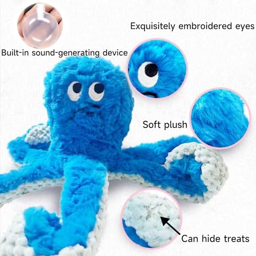 TRAVEYO Blue Octopus Dog Toys with Squeaker，Dog Treat Toys with Soft Rope Tentacles with Treat Hiding Pockets, 14.17 Inches - Image 3