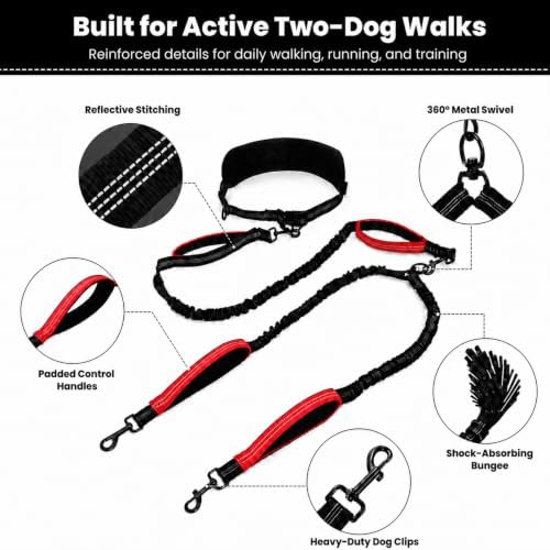 Hands Free Double Dog Leash, 4 Reflective Padded Handles, Adjustable Waist Belt 27-51", Shock-Absorbing Bungee, 360° Swivel Clips, for Small, Medium & Large Dogs, Walking Jogging Running - Image 2