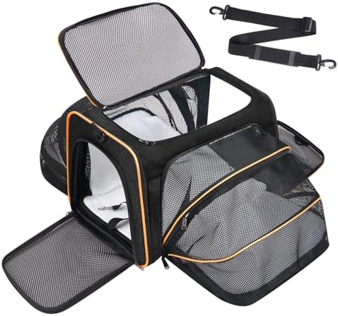 Pet Carrier, Large Soft Sided Expandable Travel Carrier with Steel Frame, Anti-Scratch Mesh, Removable Fleece Pad and Pockets for Cats, Dogs and Small Animals up to 15 lbs (Black, 5 Sides Expandable) by Handor