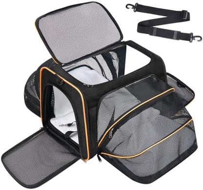 Pet Carrier, Large Soft Sided Expandable Travel Carrier with Steel Frame, Anti-Scratch Mesh, Removable Fleece Pad and Pockets for Cats, Dogs and Small Animals up to 15 lbs (Black, 5 Sides Expandable) by Handor