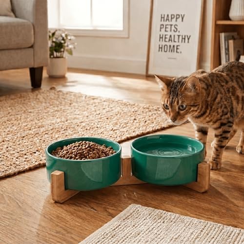 SPUNKYJUNKY Ceramic Dog and Cat Bowl Set with Wooden Stand, Modern Cute Weighted Food Water Set for Small Size Dogs (13.5OZ) & Medium Sized Dogs (28.7OZ) & Cats (1.7 Cups, 2 × Light Green) - Image 7