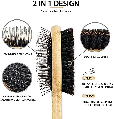 Dog Brush Cat Brush, Vokiuler Double Sided Bristle and Pin Pet Brush for Dog Grooming, Real Boar Bristle Shedding Brush with Bamboo Handle for Long Short Hair, 2 Pack Dog Comb, Black - Image 3
