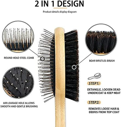 Dog Brush Cat Brush, Vokiuler Double Sided Bristle and Pin Pet Brush for Dog Grooming, Real Boar Bristle Shedding Brush with Bamboo Handle for Long Short Hair, 2 Pack Dog Comb, Black - Image 3