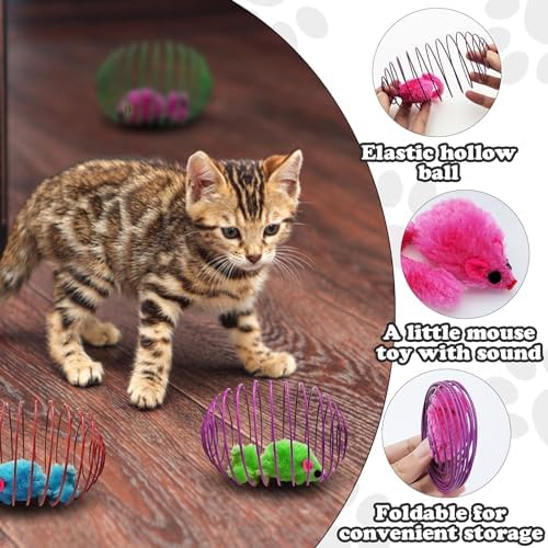 Andiker 6Pcs Cat Spring Toys, 3.9'' Colorful Cat Spring Balls with Mice Interactive Cat Toys Stretchable Metal Cage Balls Spring Cat Toy for Cats Swatting, Hunting Kitten Toys - Image 3