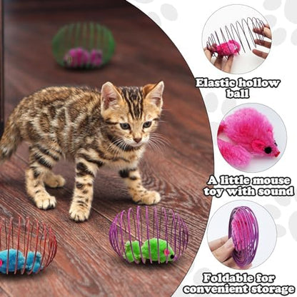 Andiker 6Pcs Cat Spring Toys, 3.9'' Colorful Cat Spring Balls with Mice Interactive Cat Toys Stretchable Metal Cage Balls Spring Cat Toy for Cats Swatting, Hunting Kitten Toys - Image 3