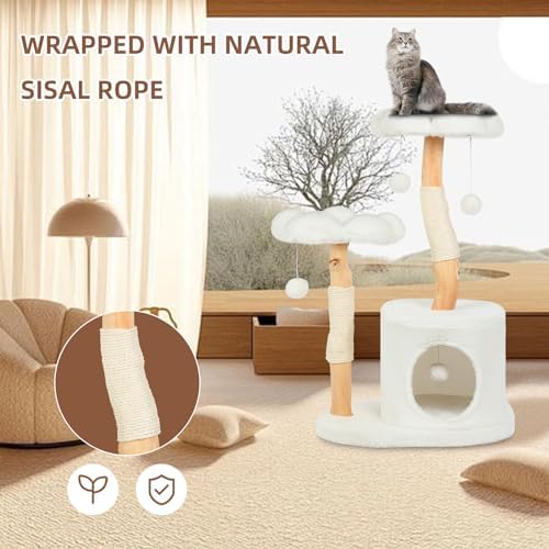 Cute Cat Tree Tower for Indoor Cats Adult, Wood Flower Cat Trees with 6 Pompoms, Modern Cat Tree Tower with Scratching Post, Aesthetic Luxury Cat Condo for Cats Kitten, Ivory - Image 3