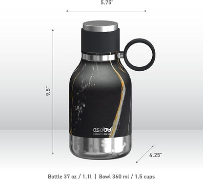 Asobu Buddy Bottle a Stainless Steel Insulated Water Bottle for with Removable Dog Water Bowl and Dog Food and Treat Storage Bowl (Midnight Marble, 37 oz Water Bottle with Bowl)