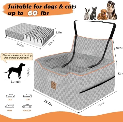 Large Dog Car Seat for Back Seat – Removable Dog Booster Seat & Washable Pet Car Seat for Medium & 2 Small Dogs up to 60lbs – Safety Straps & Storage Pocket – Travel & Home Use (Gray) - Image 5