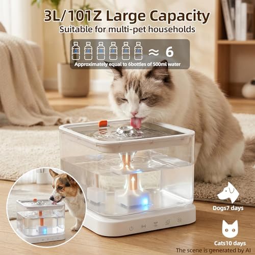 Wireless Cat Water Fountain,3L/101oz Cat Water Fountain for Cats Indoor,4000mAh Battery Operated Pet Water Fountain,Cat Fountain with Stainless Steel Tray,BPA-Free(P08F) - Image 5