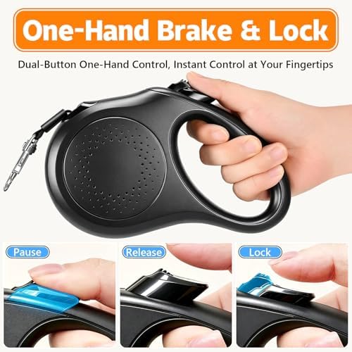 Retractable Dog Leash, 16 FT Strong Nylon Tape for Small and Medium Dogs up to 55 lbs, 360° Tangle-Free Design, One-Hand 3-Mode Brake & Lock, Ergonomic Non-Slip Handle, Black - Image 3