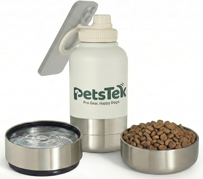 Portable Dog Water Bottle - 3 in 1 Insulated Stainless Steel Travel Bowl & Food Dispenser with Leak Proof Magnetic Lid - Dog Accessories for Walking, Hiking, Outdoor, Camping (32oz White)