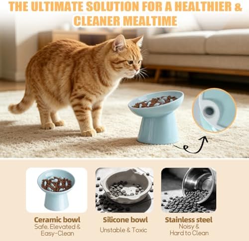Ceramic Elevated Slow Feeder Cat Bowl - 6" Raised Cat Food Bowl for Bloat Relief & Anti-Vomiting, Whisker Friendly Ceramic Cat Slow Feeder for Indoor Cats, Kittens, Puppies - Azure(1pc) - Image 5