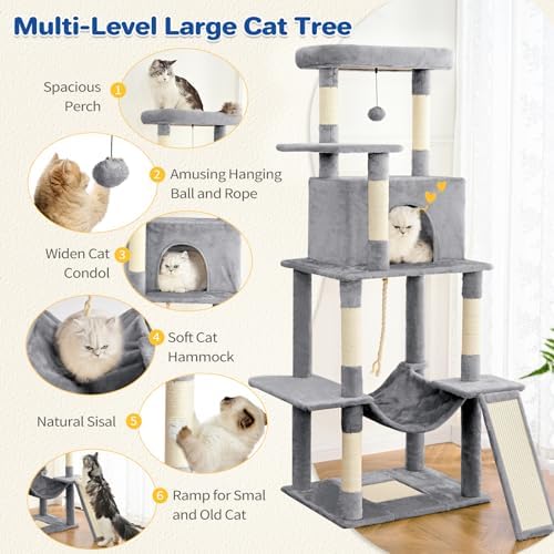 ABCPET 63" Multi-Level Cat Tree Tower for Indoor Cats, Light Grey - Image 2