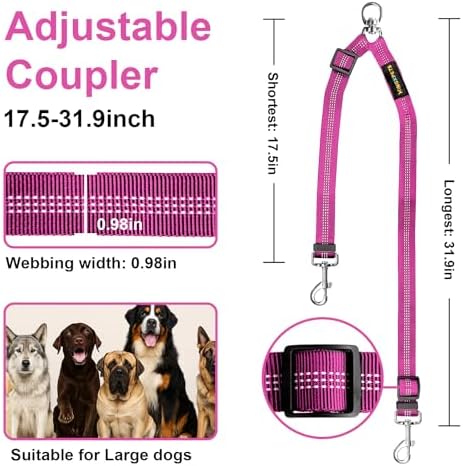 MingXpet Double Dog Leash for Two Dogs, No Pull Dog Leash, 360° Swivel No Tangle for Large Dogs Walking & Training, Shock Absorbing Reflective Bungee, Rose - Image 2