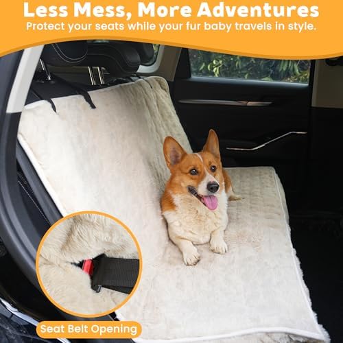 Dog Car Seat Cover, Waterproof Plush Pet Seat Protector, Beige, Back Seat - Image 6