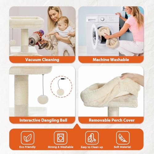 PETEPELA Cactus Cat Tree for Kittens & Small Cats, 32in Cat Tower, Beige - Image 3