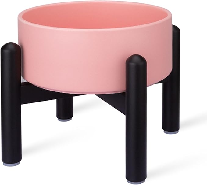 Raised Ceramic Dog Bowl - Elevated Food Water Dish with Stainless Steel Stand - for Small to Medium Dogs - 6 Inch - 2 Cups (28.75 fl oz) - Pink