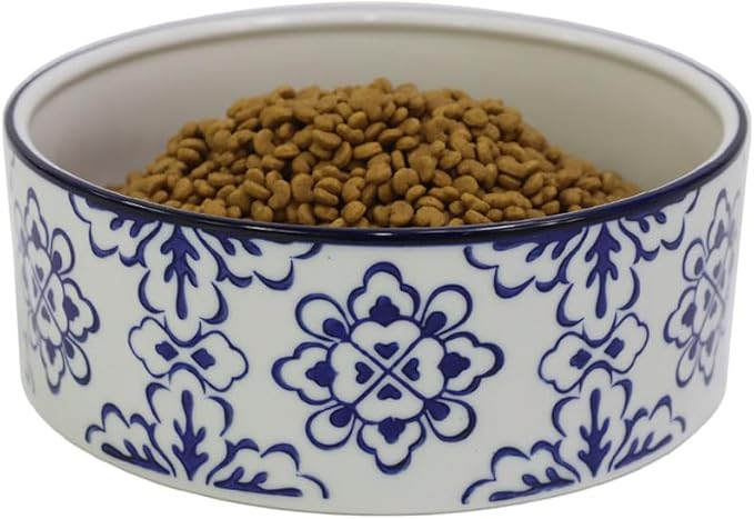 Vintage Blue & White Ceramic Large Dog Bowl - 8'' Dog Food Water Bowl for Medium and Large Dogs Breed, Heavy Duty Non-Slip Dish, Modern Pet Feeder Bowl, Dishwasher Safe-57 fl OZ