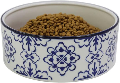 Vintage Blue & White Ceramic Large Dog Bowl - 8'' Dog Food Water Bowl for Medium and Large Dogs Breed, Heavy Duty Non-Slip Dish, Modern Pet Feeder Bowl, Dishwasher Safe-57 fl OZ