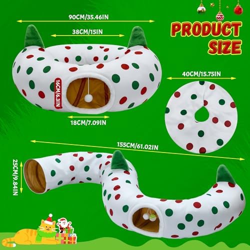 Cat Tunnel Christmas Tree Skirt, 3ft x 3ft x 9.8in Cat Tunnels for Indoor Cats, Red and Green Dot Cat Donut Tunnel with Hanging Ball and Cat Ears, Kitten Toys for Indoor Kittens Puppy Rabbit - Image 4