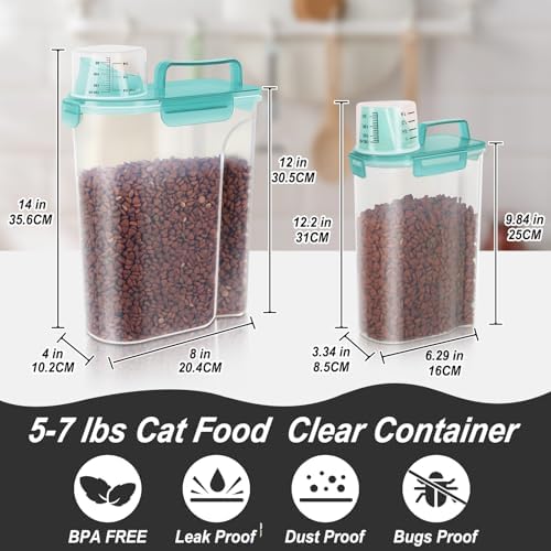 LEAWALK 2Pack Cat Dog Food Storage Container with Upgraded Large Nozzle BPA-free, 3+5lbs Plastic Pet Food Containers with 4 Sealed Clasps/1 Measuring Cup/ Handle Easy to Clean and Carry (Clear Blue) - Image 3