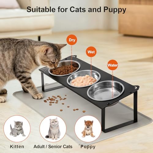 Elevated Cat Bowls with Food Mat, 10°Tilted Non-Slip Raised Cat Food Water Bowls Set, 3 Thick Stainless Steel Pets Dishes with Cute Metal Feeding Stand for Indoor Kitten Puppy, Anti-Vomiting - Image 3