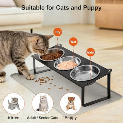 Elevated Cat Bowls with Food Mat, 10°Tilted Non-Slip Raised Cat Food Water Bowls Set, 3 Thick Stainless Steel Pets Dishes with Cute Metal Feeding Stand for Indoor Kitten Puppy, Anti-Vomiting - Image 3